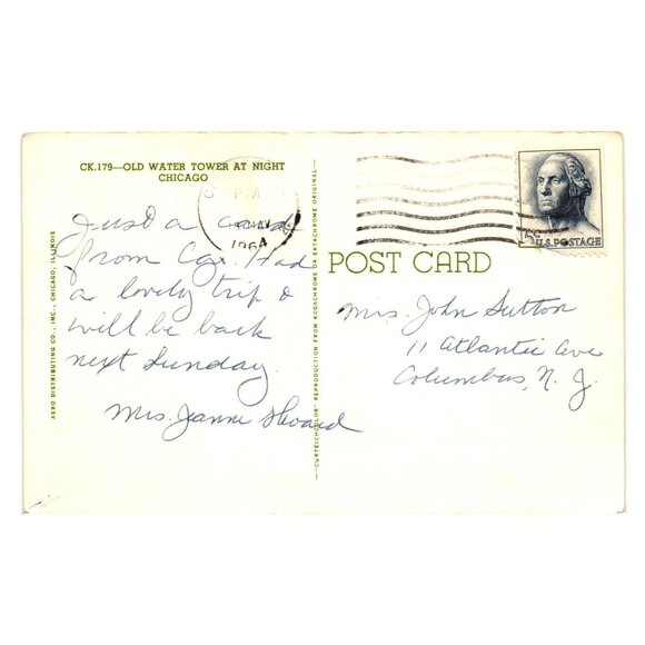 Old Water Tower Chicago Night Scenic Vintage Postcard CK179 1960s Writing Stamp - Picture 2 of 2